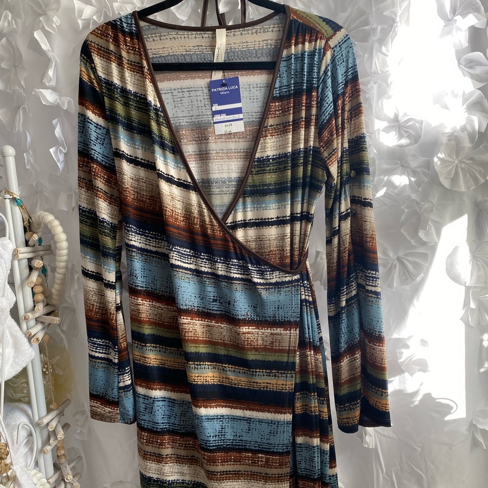 Beautiful S-twelve Patrizia Luca brown, blue and tan wrap dress.